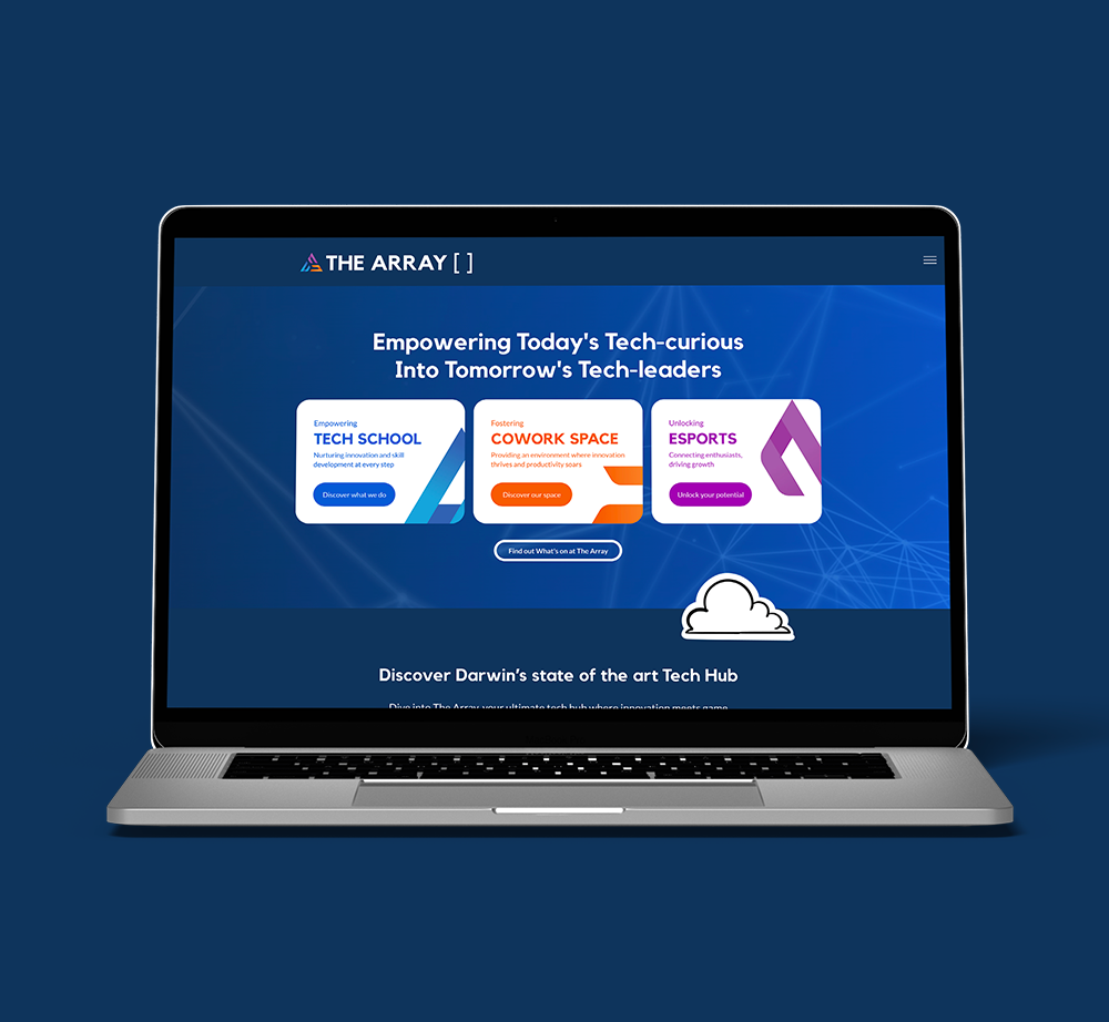 A laptop computer is open to a website on a blue background.