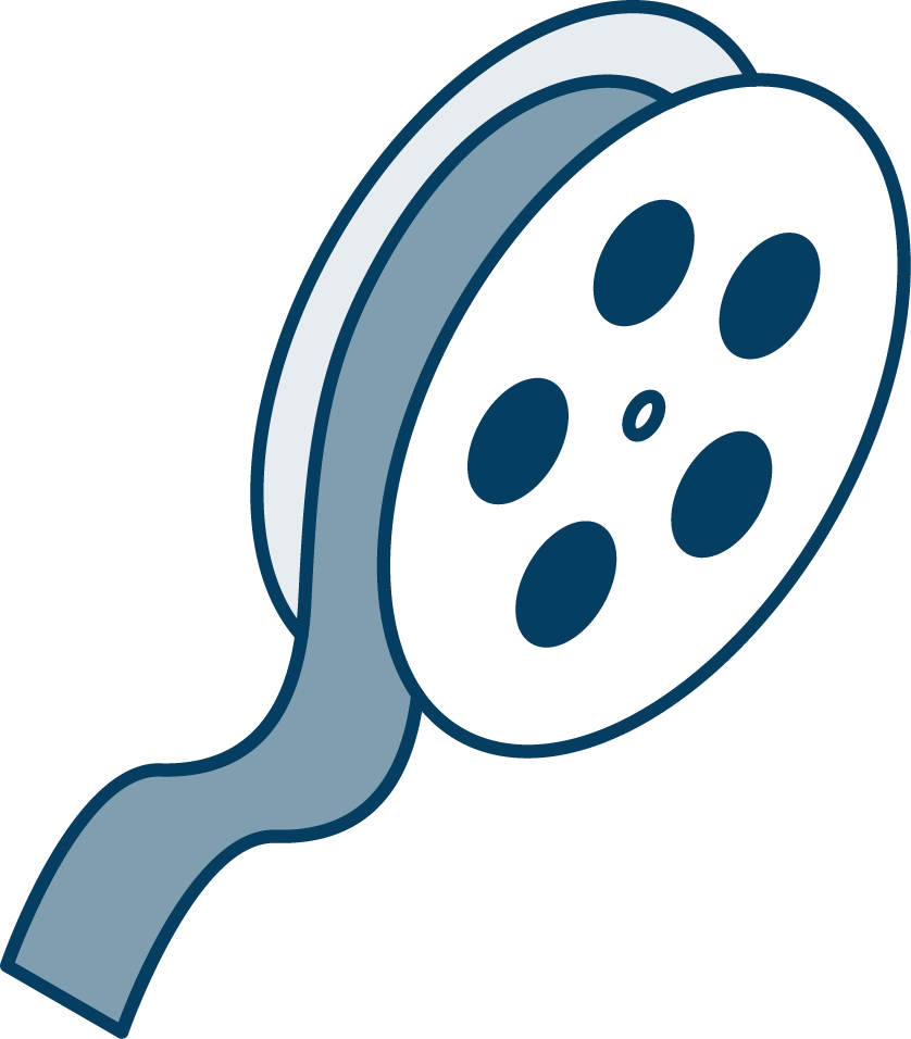 A cartoon drawing of a film reel with four holes in it.