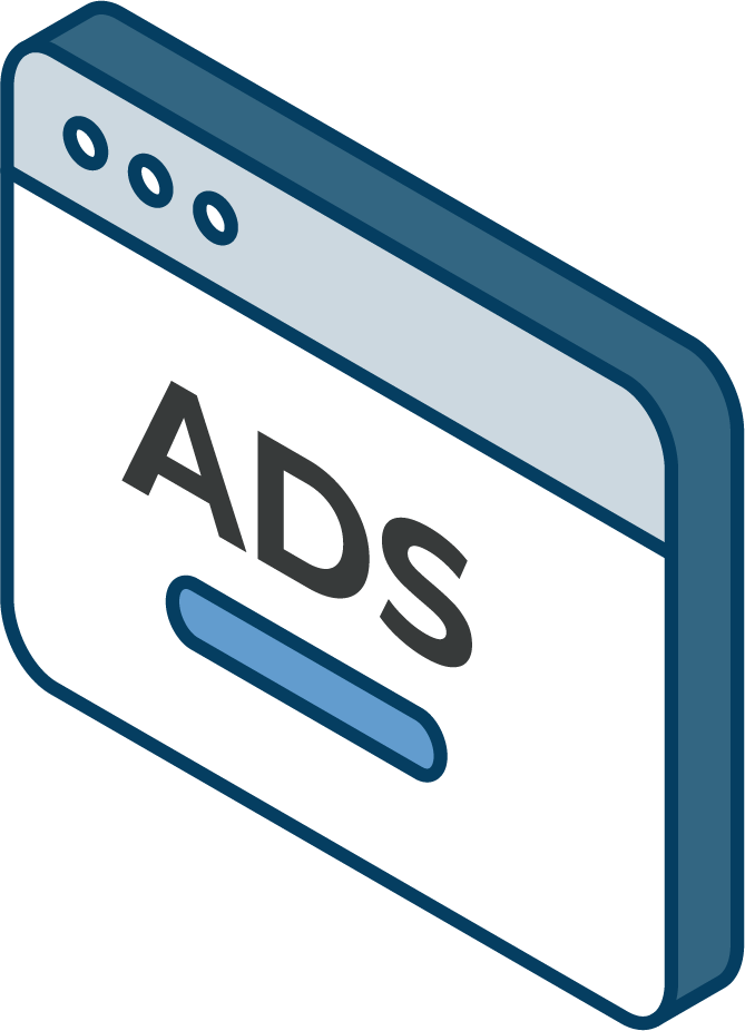 An isometric icon of a browser window with ads written on it.