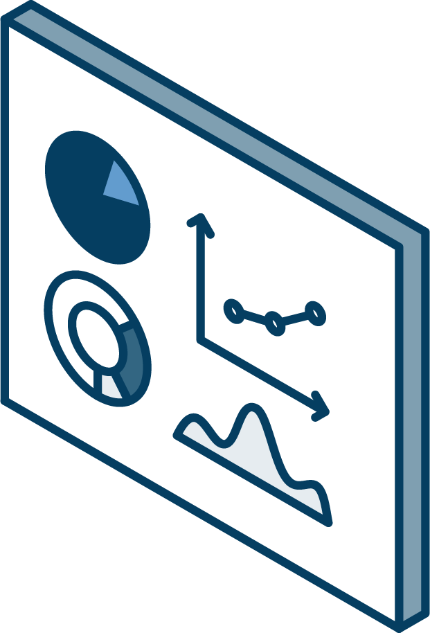 An isometric icon of a whiteboard with a graph and pie chart on it.