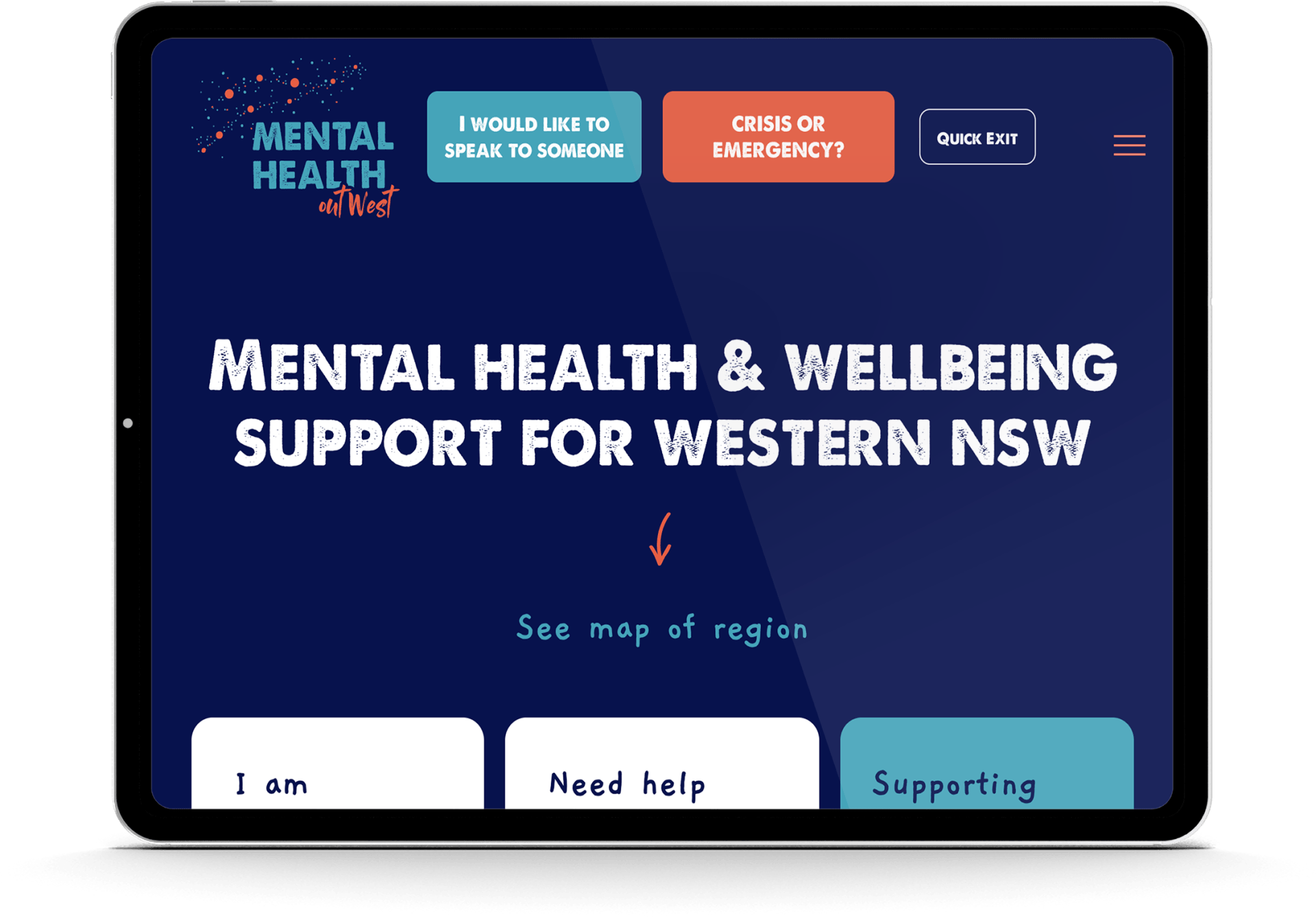 A tablet is displaying a website for mental health and wellbeing support for western nsw.