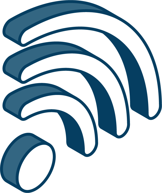 A blue and white icon of a wifi signal on a white background.