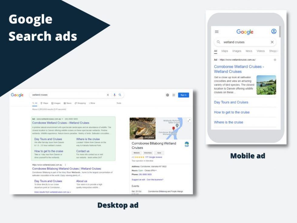 A google search ad on a desktop and a google search ad on a mobile device.