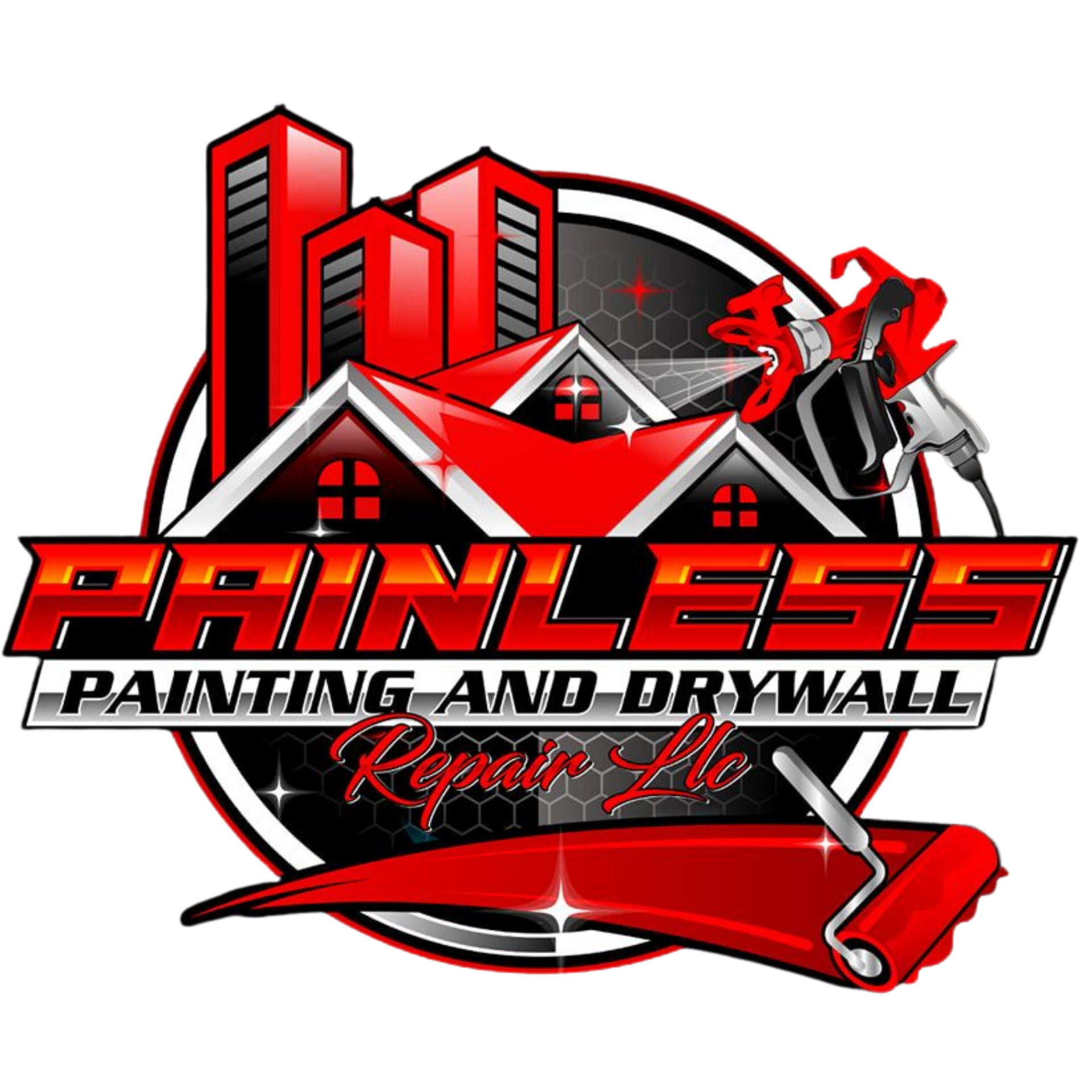 Logo for Painless Painting and Drywall featuring red buildings, a paint roller, and spray gun.