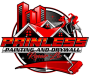 Logo for Painless Painting and Drywall: red and black buildings, spray gun, roller, text.