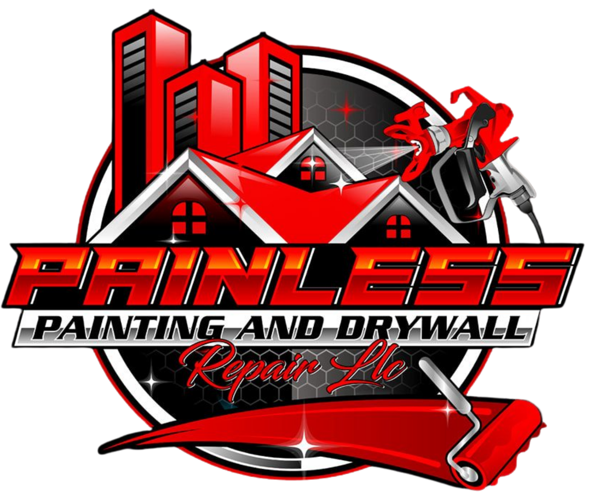 Logo for Painless Painting and Drywall: red and black buildings, spray gun, roller, text.