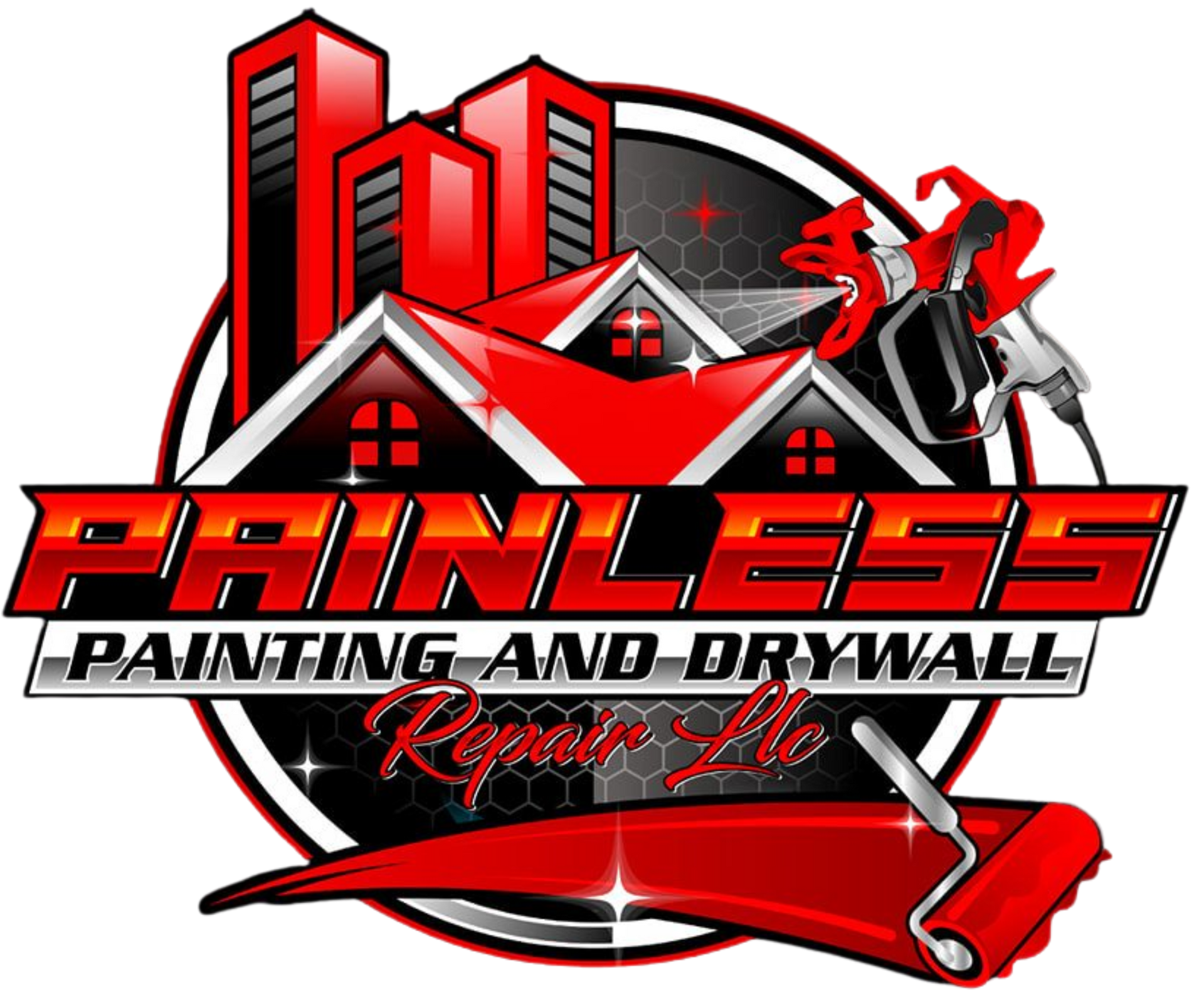 Logo for Painless Painting and Drywall Repair LLC: Buildings, paint roller, spray gun; red and black.