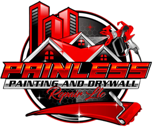 Logo for Painless Painting and Drywall, featuring red buildings, paint roller, and spray gun, with bold text.