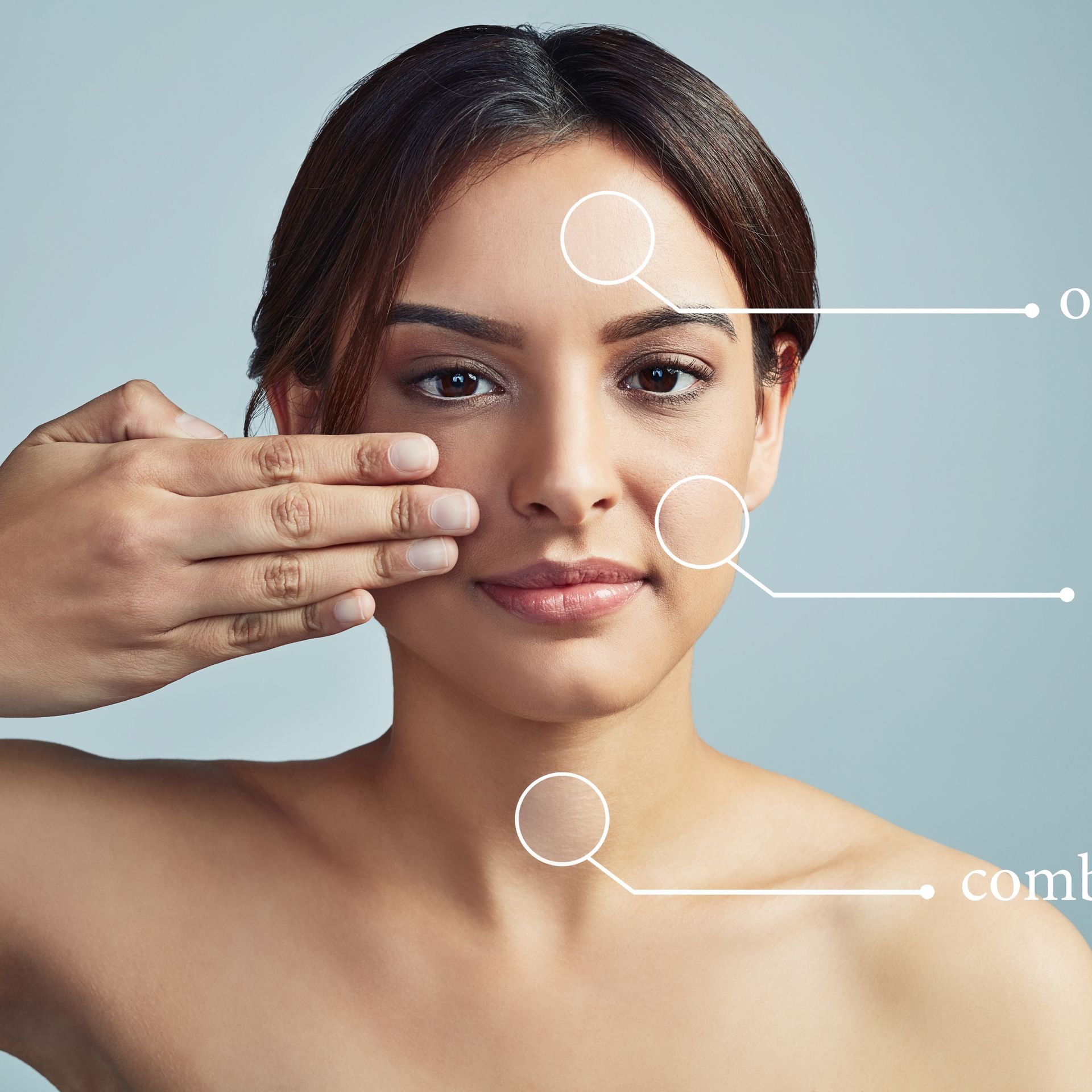 A woman 's face is shown with a diagram showing the different parts of her face.