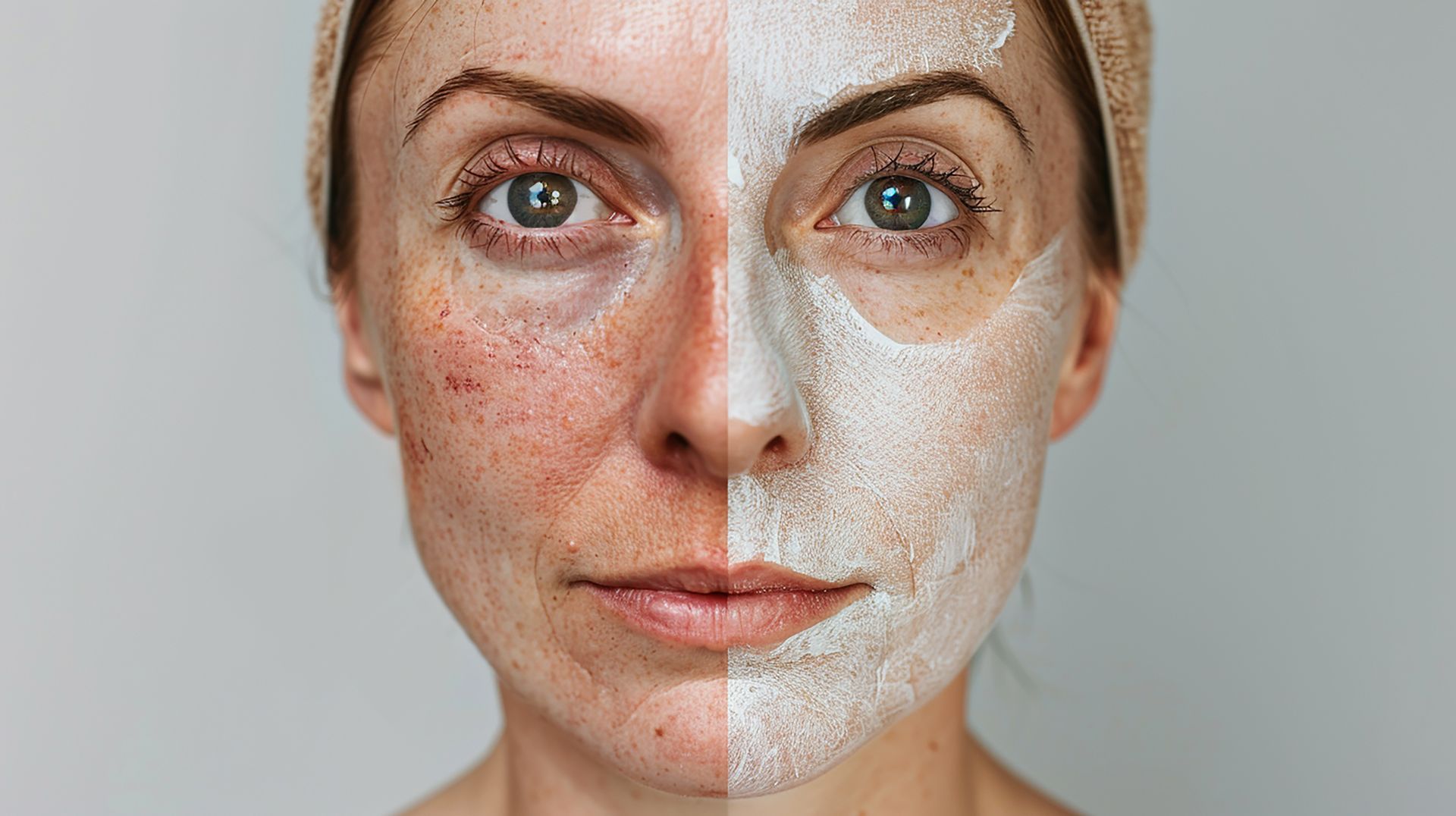 A before and after photo of a woman 's face with a mask on it.