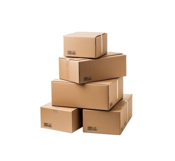 Four cardboard boxes are stacked on top of each other on a white background.