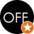 Cercle noir avec l'inscription « OFF » en blanc, étoile orange.