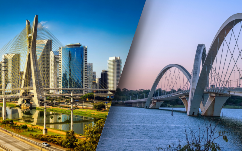 Uma vista aérea da cidade de Brasília, com vista para a Arena Mané Garrincha
