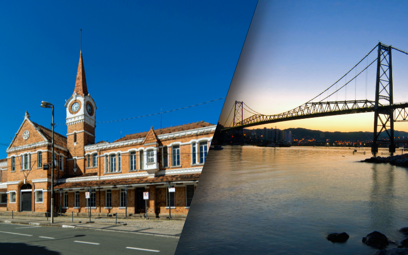 Uma vista aérea de uma praia em Florianópolis, cercada por árvores e montanhas