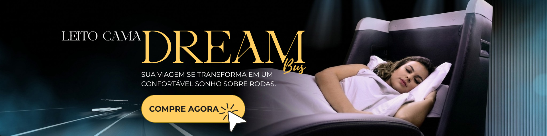 Banner promocional de quarto de luxo para LITO CASA DREAM com mulher relaxando na cama e um botão amarelo “CLIQUE-ME AGORA”
