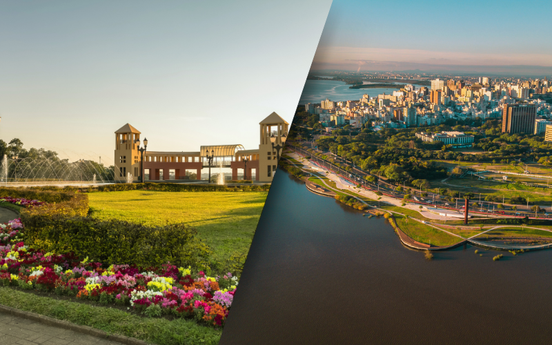 Uma vista aérea da cidade de Porto Alegre cercada por água e árvores.