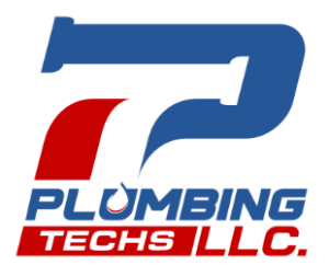 A blue and red logo for plumbing techs llc