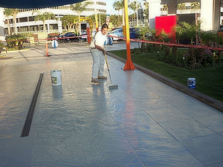 A man is painting a concrete surface with a roller