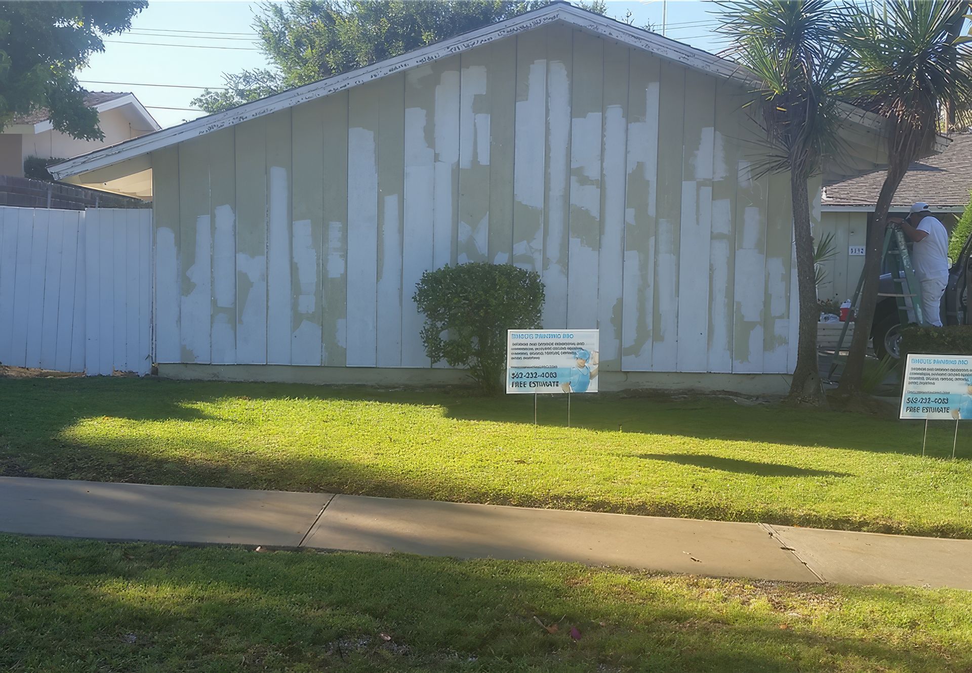 A house with a white fence and a few signs in front of it