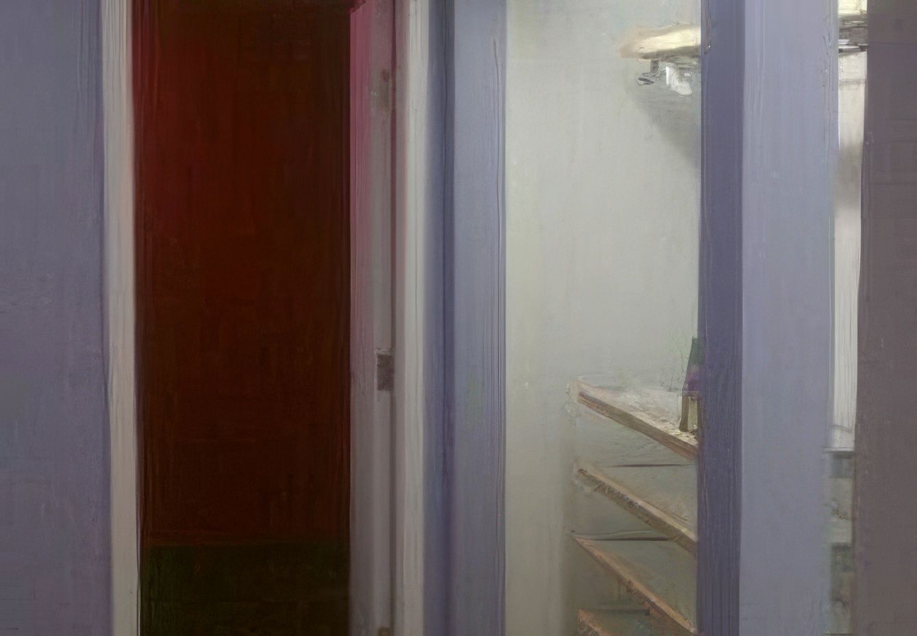 A hallway with a purple door leading to a dark room.