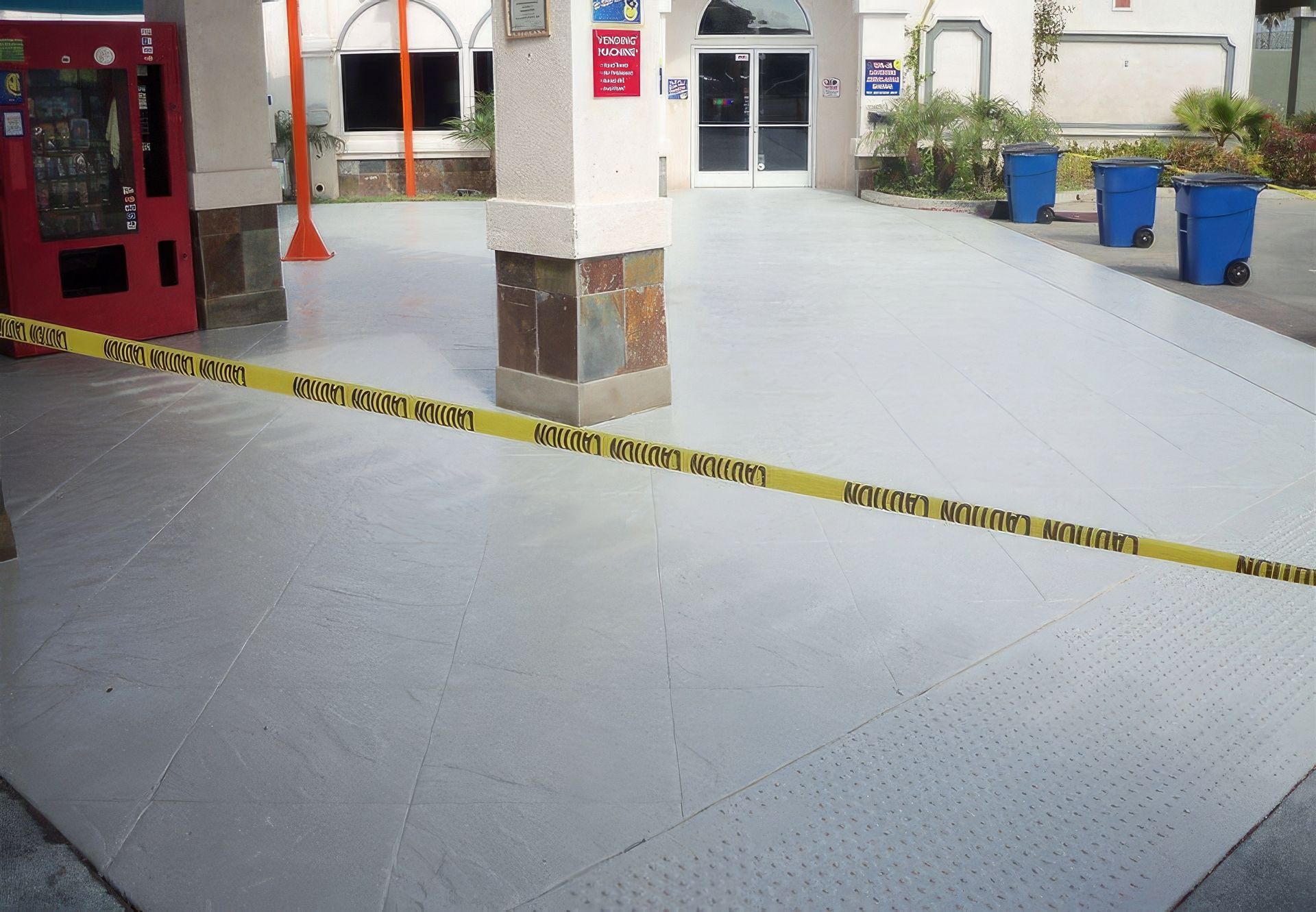 A red vending machine is behind a yellow caution tape