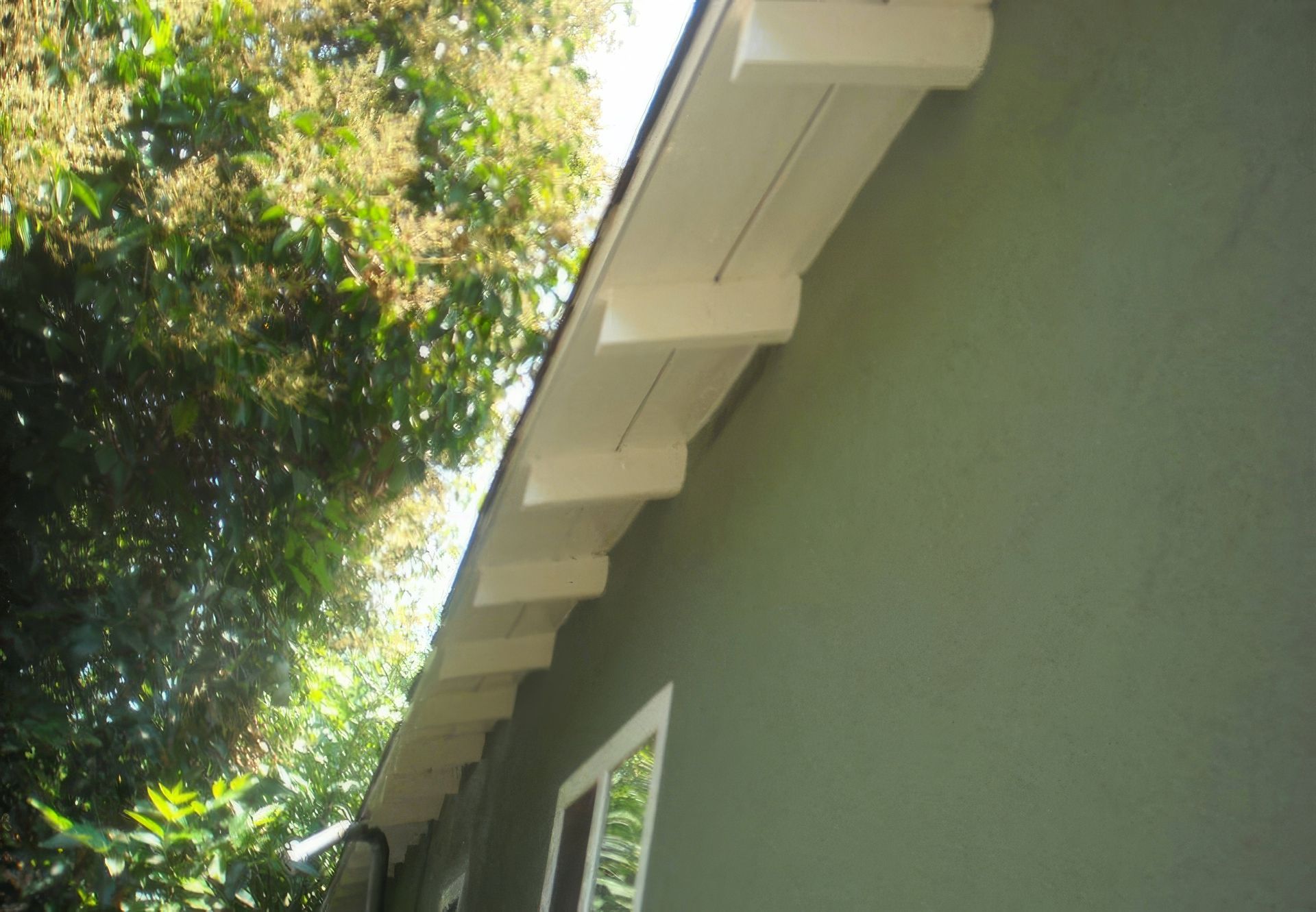 A green house with a white roof and a window