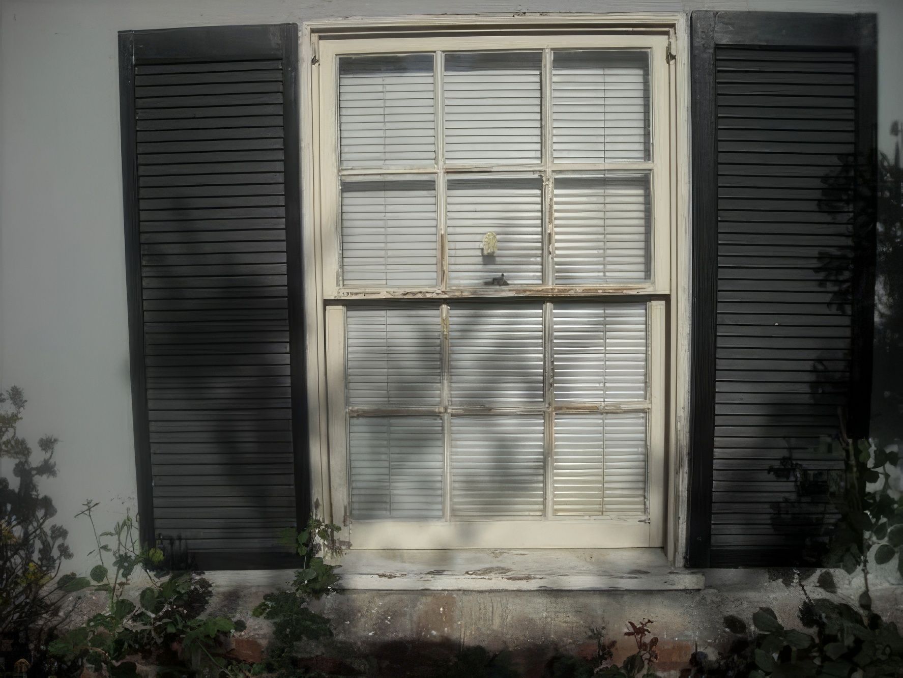 A white window with black shutters on it