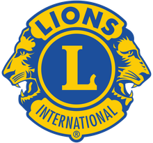 Lions Clubs International logo: Yellow lion heads flanking blue and yellow circle with a yellow 