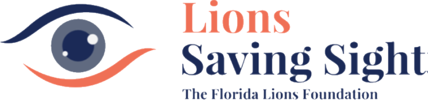 The logo for the florida lions foundation shows an eye and the words `` lions saving sight ''.