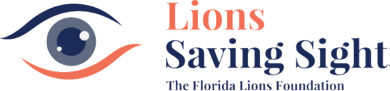 The logo for the florida lions foundation shows an eye and the words `` lions saving sight ''.
