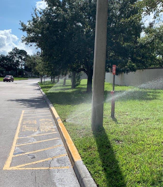 A sprinkler is spraying water on the grass near a parking lot