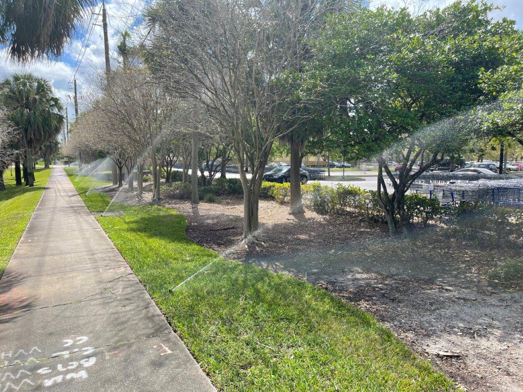 A sprinkler is spraying water on a path in a park.