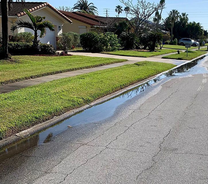 Puddles in your driveway, sidewalk or street. Broken sprinkler heads causing water leaks