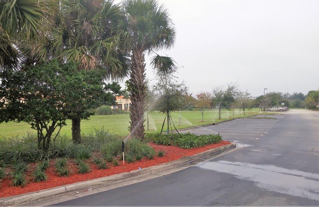 Water sprinklers on a garden bed of a parking lot with trees and red mulch on the side of it