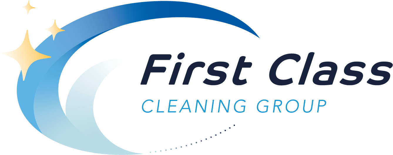 Logo for First Class Cleaning Group, featuring a blue arc with a stylized wave and starbursts, and the company name in dark blue text.