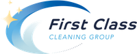 Logo for First Class Cleaning Group, featuring a blue arc with a stylized wave and starbursts, and the company name in dark blue text.