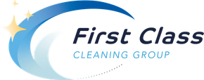 Logo for First Class Cleaning Group, featuring a blue arc with a stylized wave and starbursts, and the company name in dark blue text.