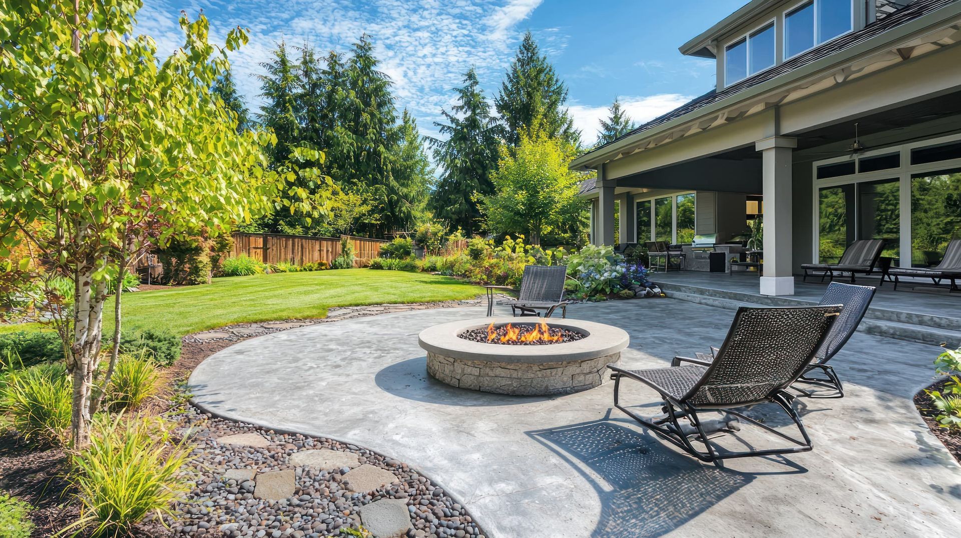 A stone patio with a lit fire pit, lounge chairs, and an expansive lawn framed by trees next to a house.