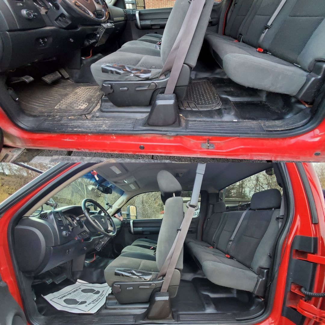 The inside of a red truck before and after being cleaned