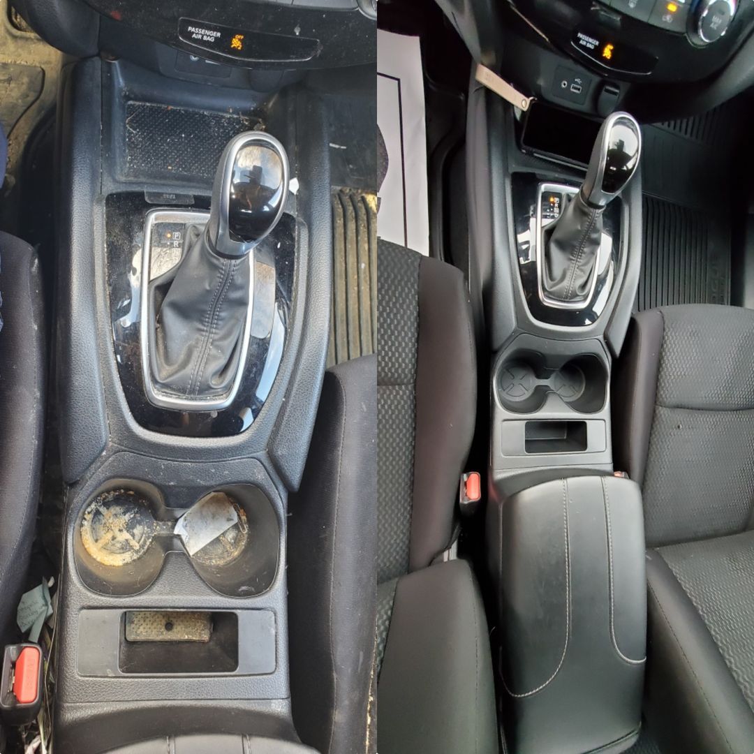 A before and after picture of the interior of a car.