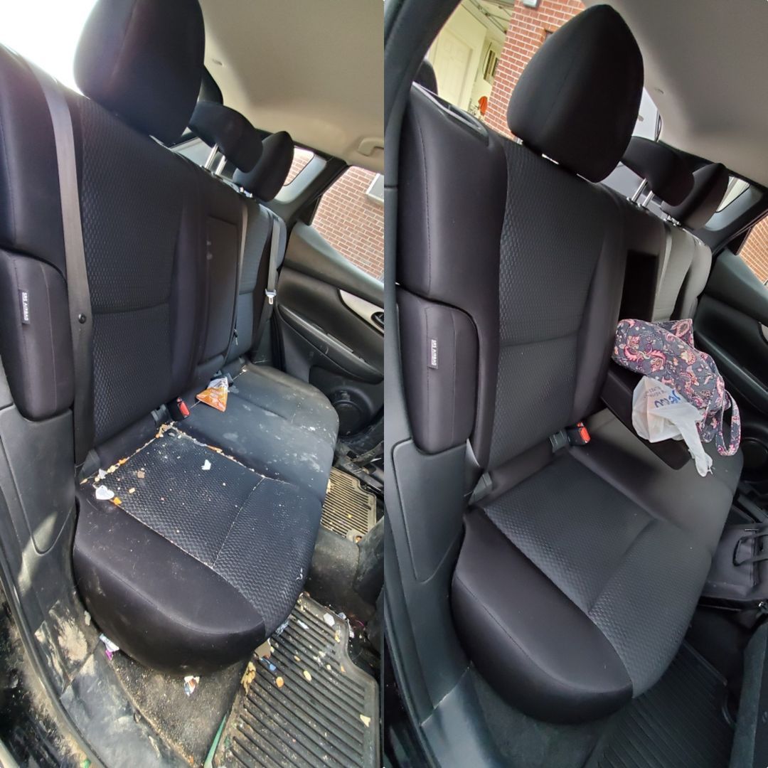 A before and after picture of the back seat of a car.