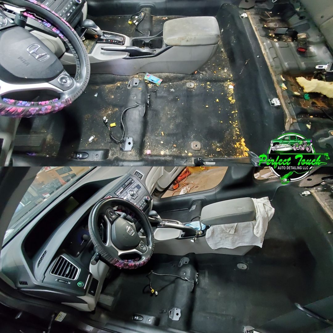 A before and after picture of the interior of a car.