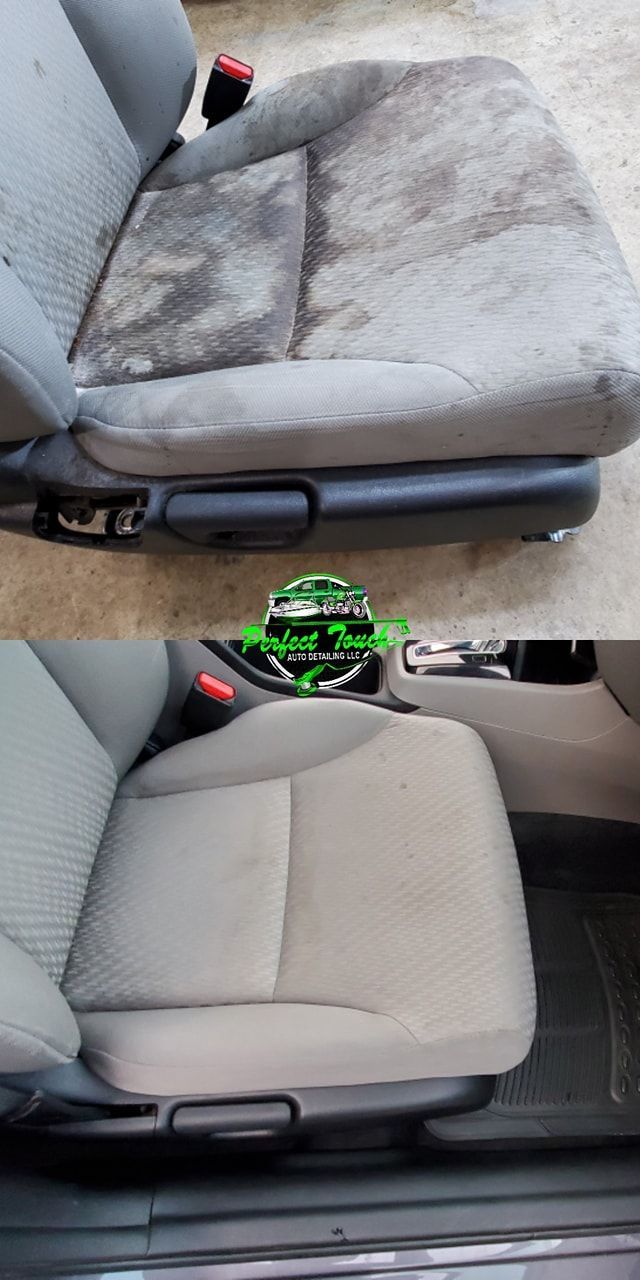 A before and after picture of a car seat being cleaned.