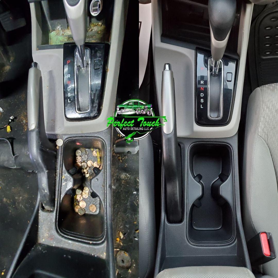 A before and after picture of the interior of a car.