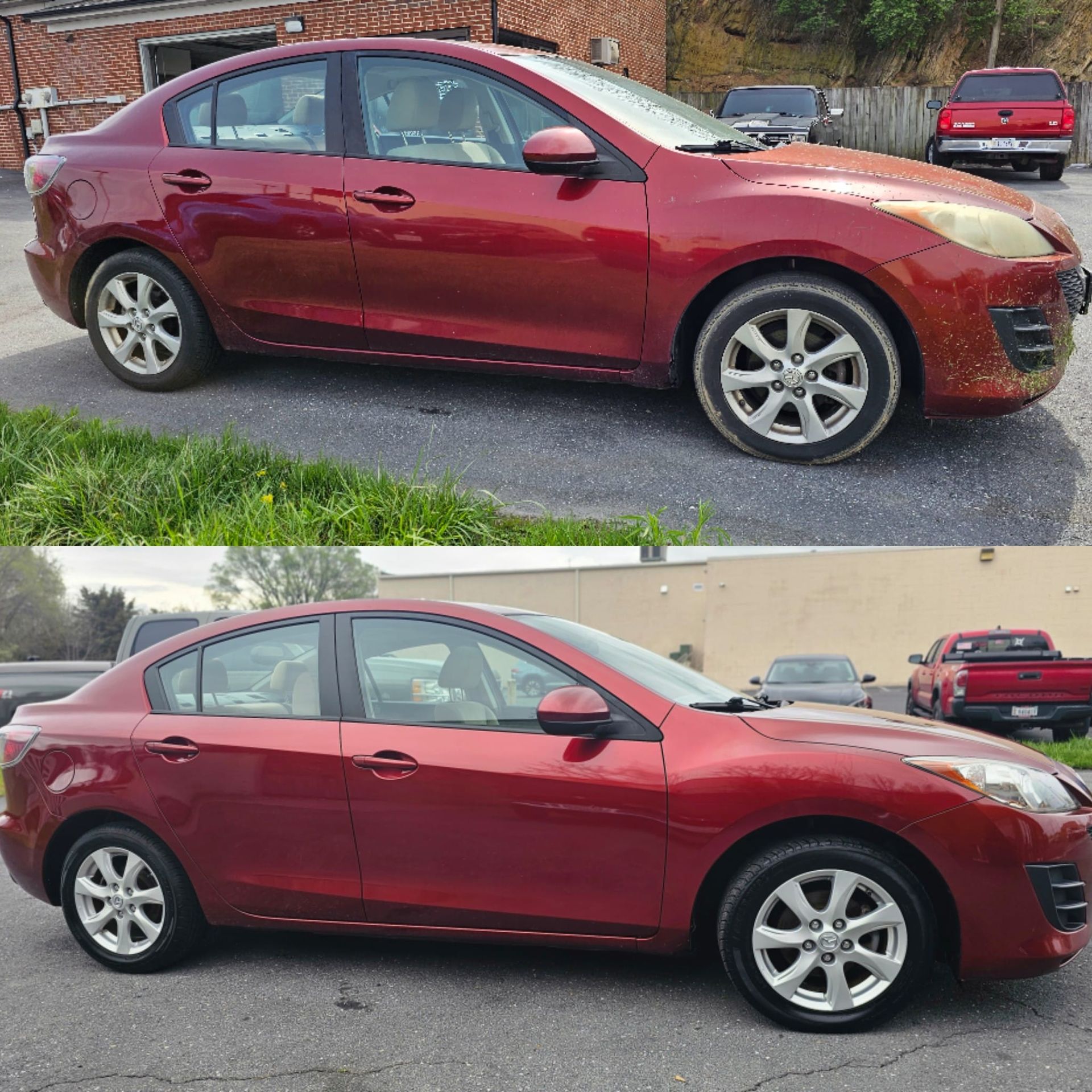 A before and after picture of a red car