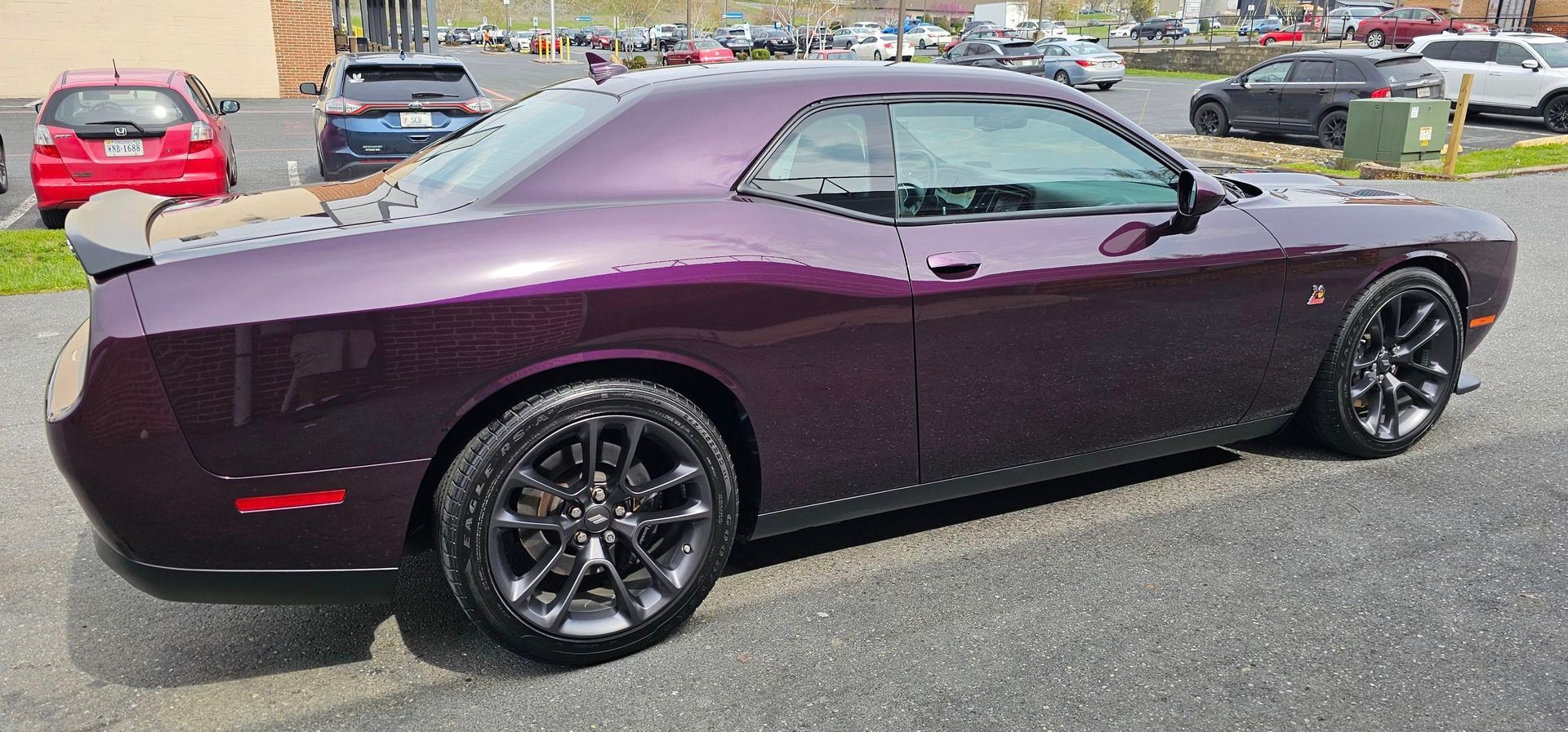 A purple dodge challenger is parked in a parking lot.