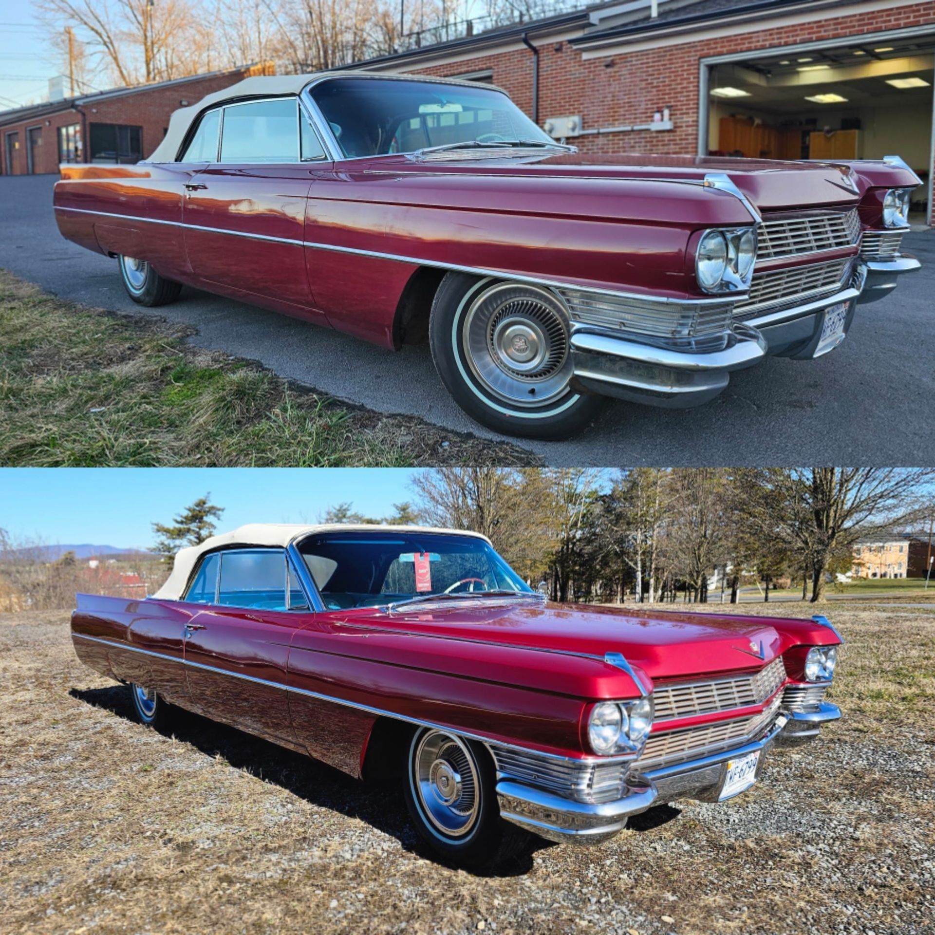 A red cadillac is parked next to a white cadillac