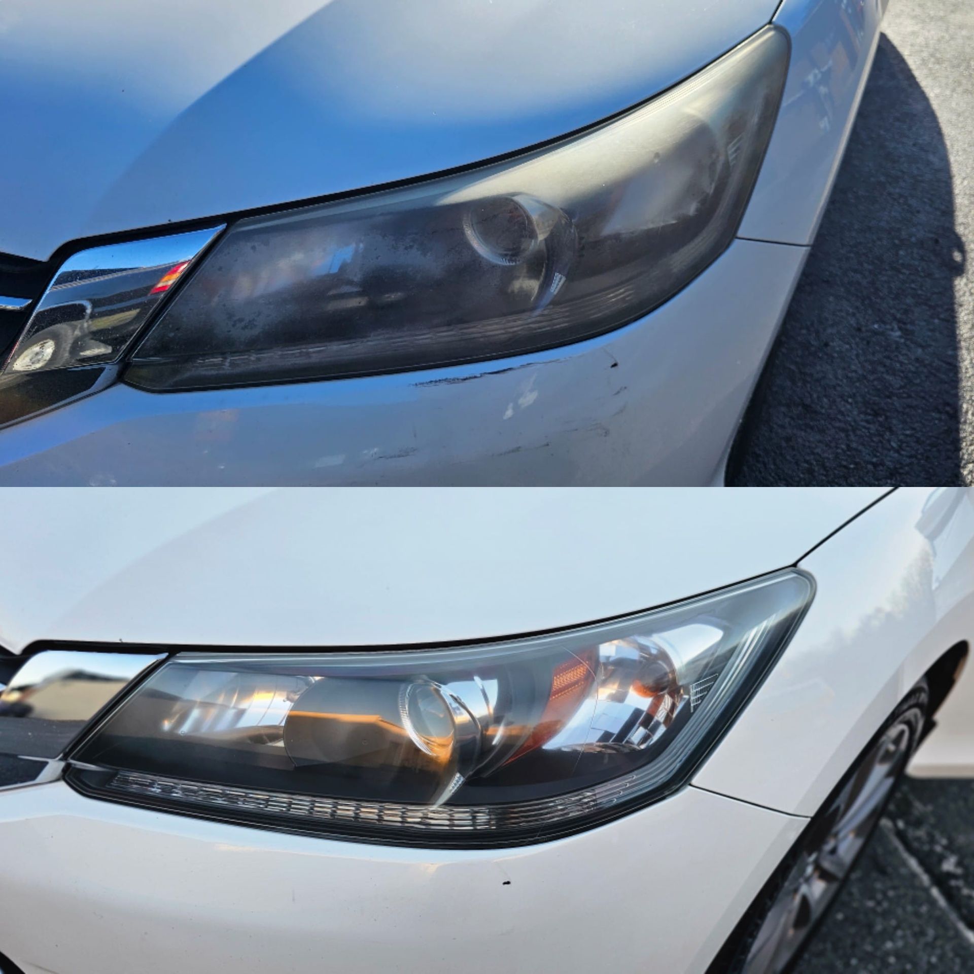 A before and after photo of a car 's headlights
