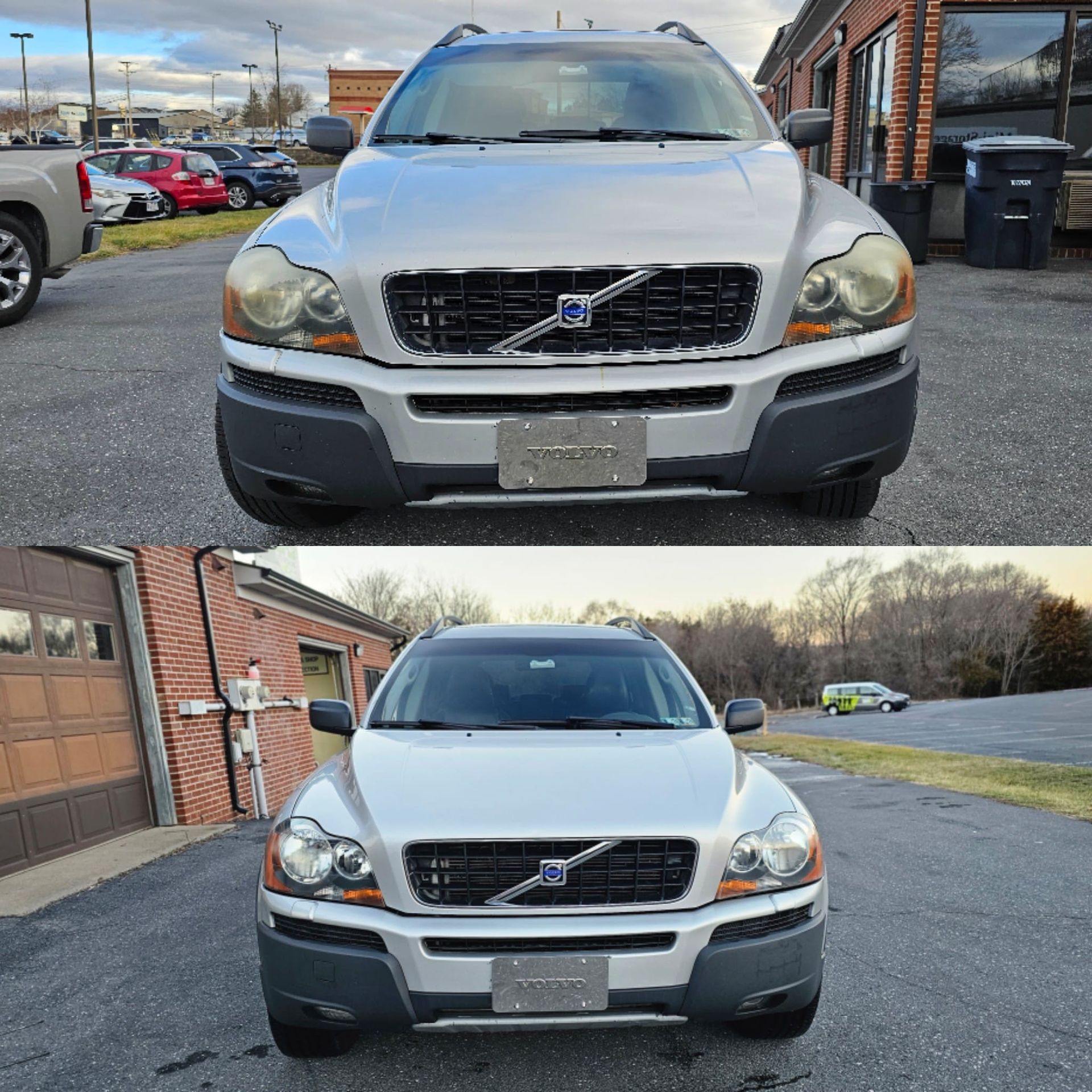 Two pictures of a silver volvo xc90 parked in a parking lot