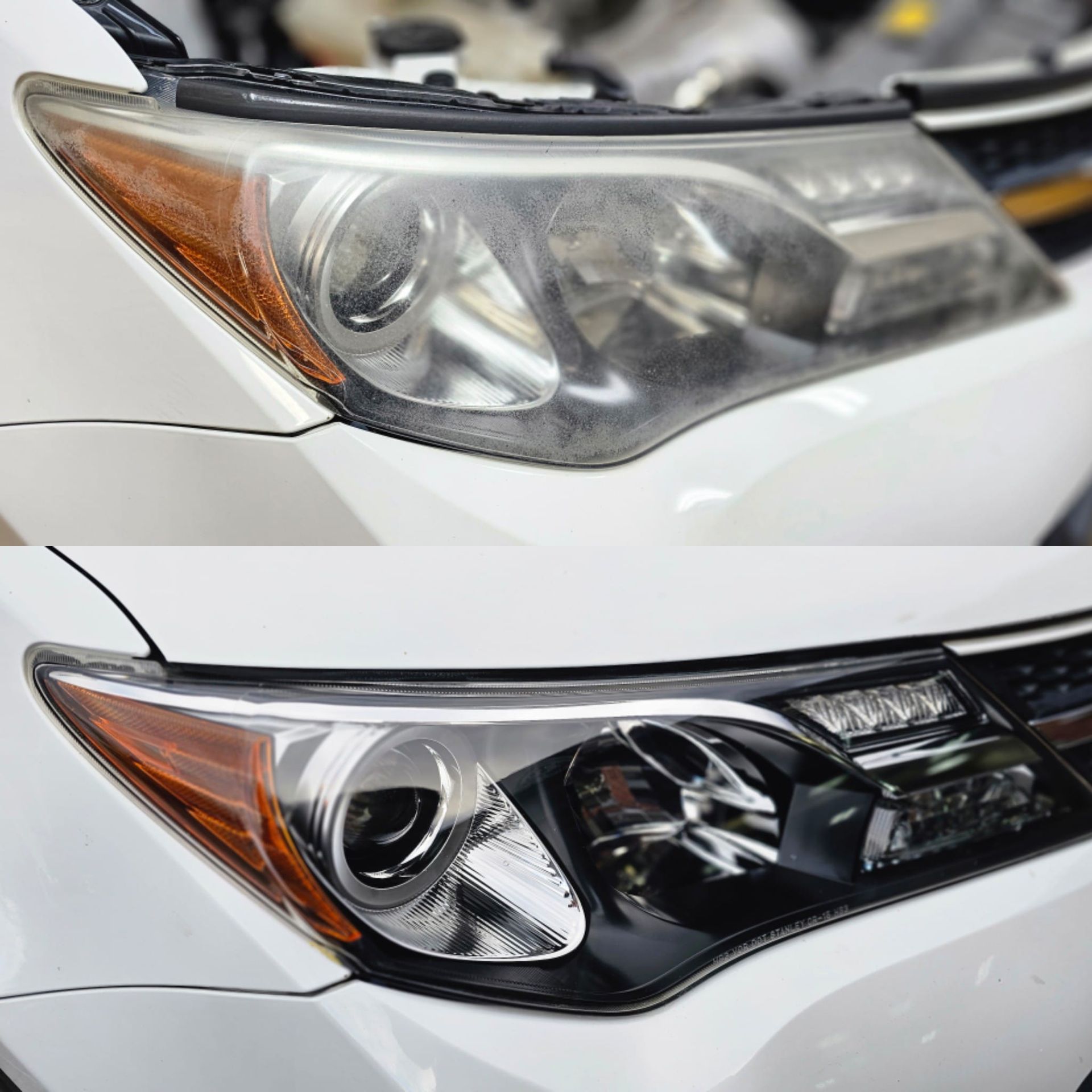 A before and after picture of a car 's headlights.